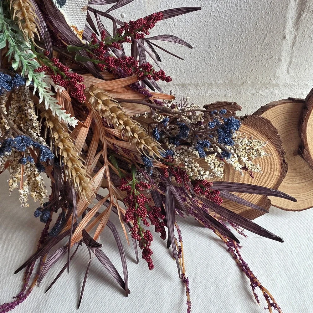 Rustic Fall Wood Slice Wreath with Dried Botanicals and Autumn Leaf Bow